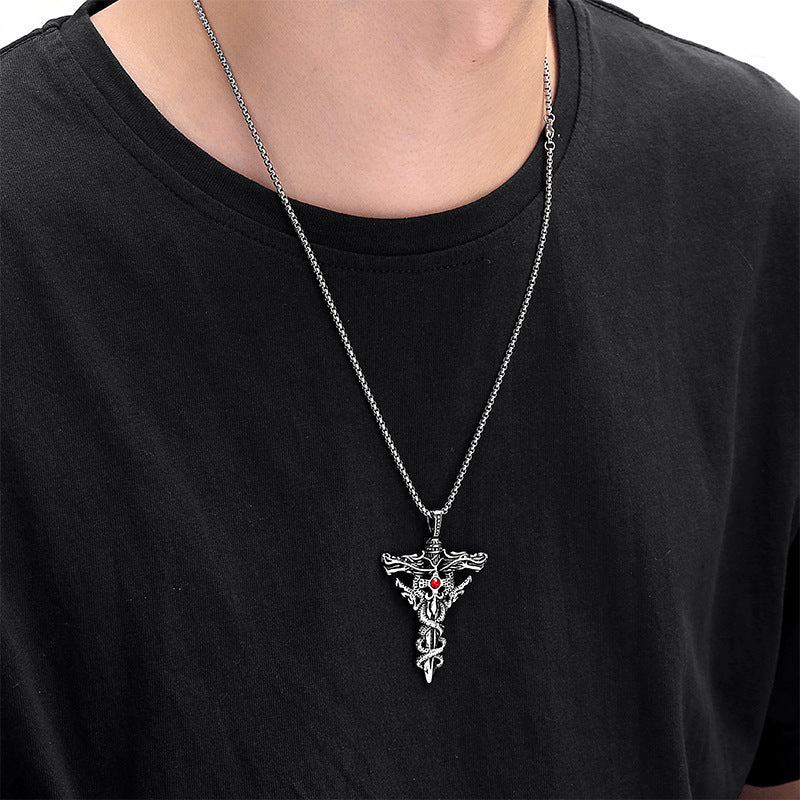 European and American retro double dragon cross pendant foreign trade accessories fashion trendy brand personality titanium steel necklace men do not fade