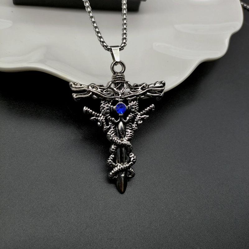 European and American retro double dragon cross pendant foreign trade accessories fashion trendy brand personality titanium steel necklace men do not fade