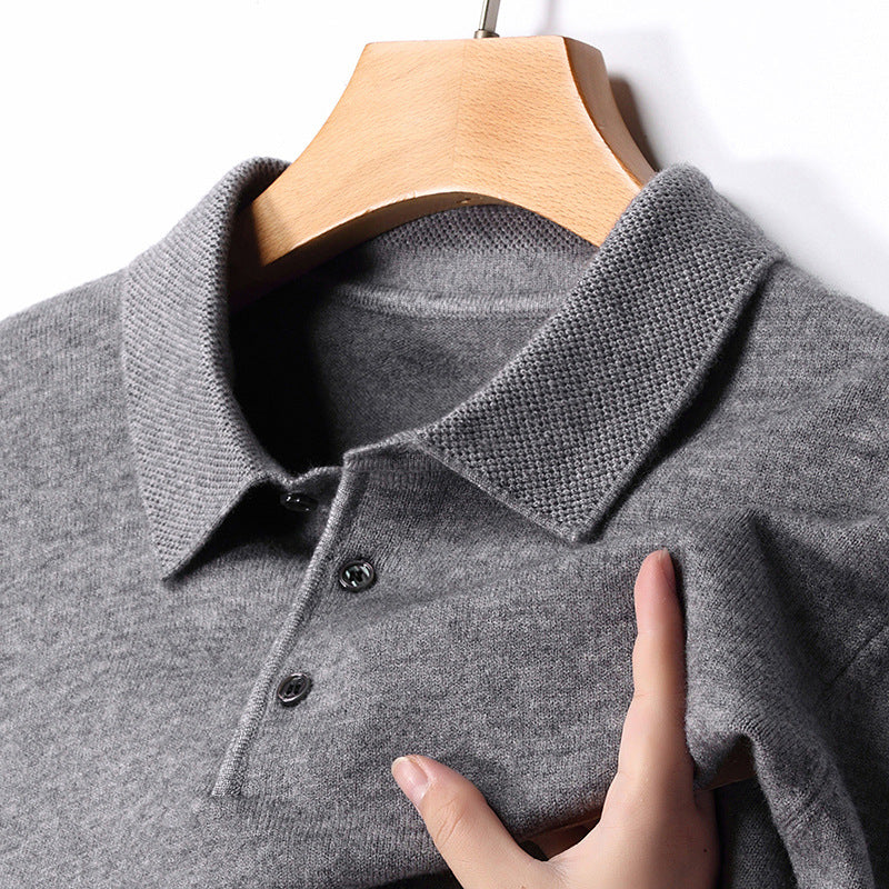 New cross-border autumn and winter wool lapel long sleeve men's knitted polo shirt solid color middle-aged base sweater men's clothing