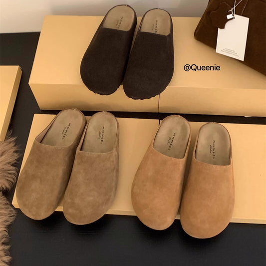 Vintage suede birkenstock shoes women's 2024 new thick-soled toe semi-slip-on cork sandals