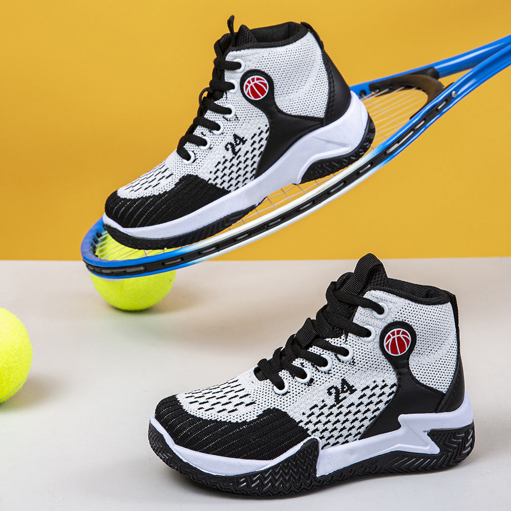 Cross-border children's basketball shoes spring fly-woven mesh breathable lightweight running shoes mid-top platform rebound sports shoes