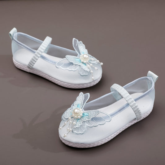 Children's shoes: Hanfu embroidered shoes, girls' mesh yarn, ethnic style, ancient costume embroidery, small butterfly shoes, children's dance shoes