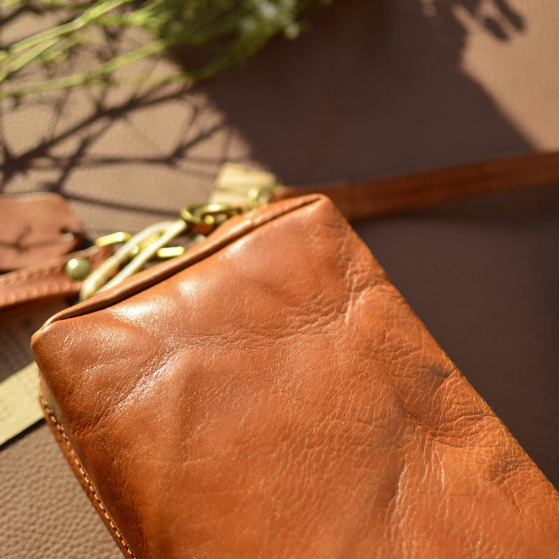 Forest small square bag, high-quality retro double zipper crossbody bag, handmade vegetable tanned leather, men's leather, mobile phone small bag