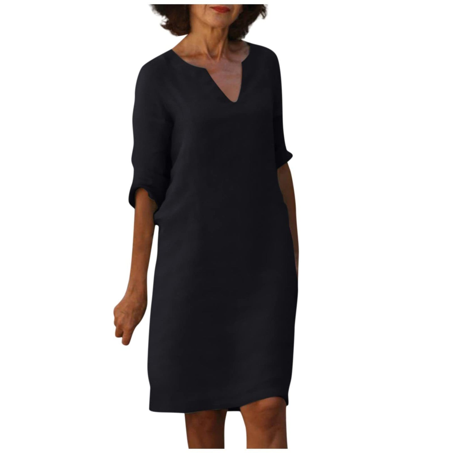 Amazon European and American cotton and linen V-neck stitching retro high-waisted solid color three-quarter sleeve dress cotton and linen wash crinkled fabric