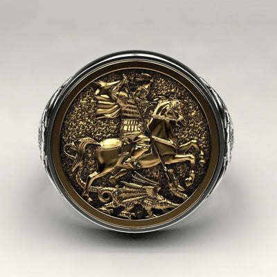 Huajie Unique Sovereign Men's Ring Portrait of St. George Plated 925 Two-Tone Roman Soldier Dragon Ring