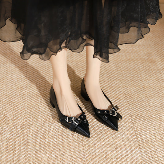 2008-9 Fashionable pointed toe low heeled single shoes new belt buckle pumps flat casual single shoes women