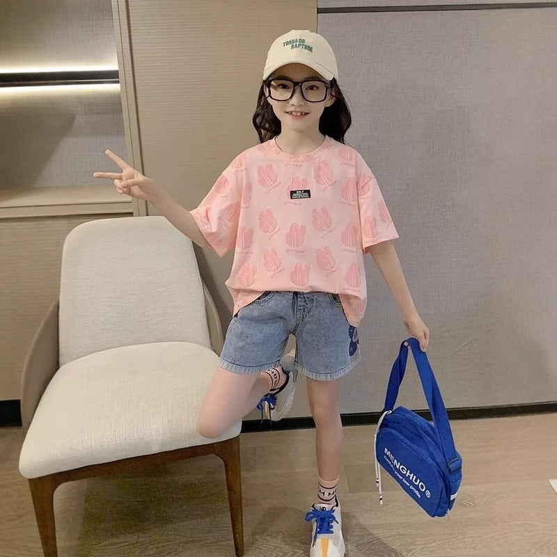 Ice silk short sleeve t-shirt girls summer clothes foreign style 2025 tops new middle and big children's fashionable trendy children's clothes thin children's
