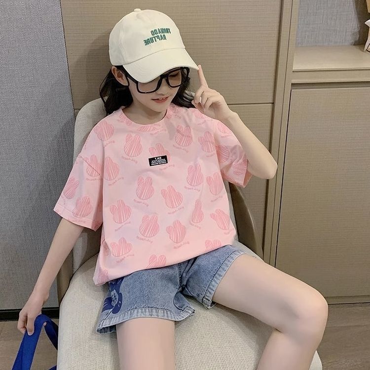 Ice silk short sleeve t-shirt girls summer clothes foreign style 2025 tops new middle and big children's fashionable trendy children's clothes thin children's