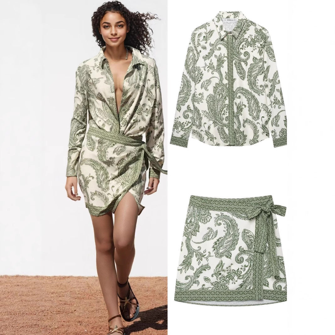 Cross-border foreign trade women's clothing 2025 spring new casual fashion printed long sleeve shirt set