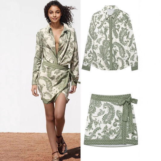 Cross-border foreign trade women's clothing 2025 spring new casual fashion printed long sleeve shirt set