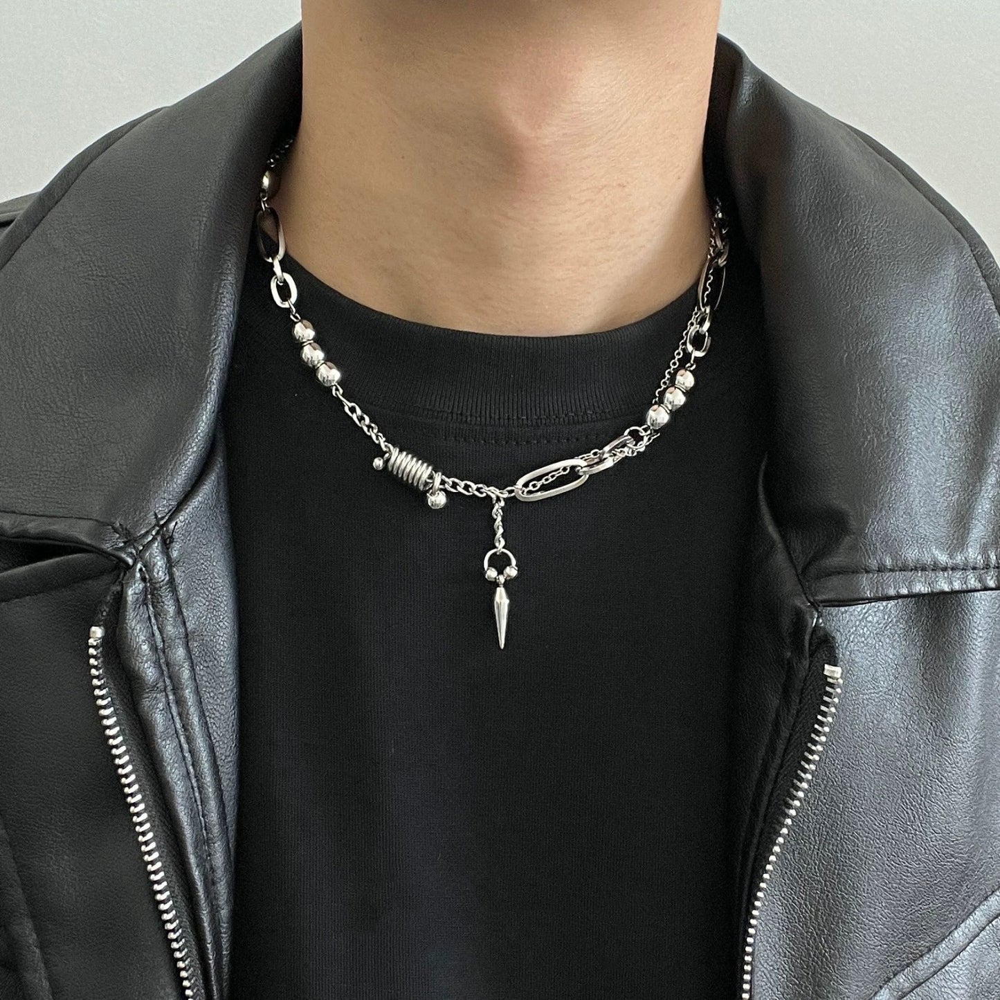 Cool titanium steel steel ball rivet stitched necklace men's niche design hip hop cold wind clavicle chain sweater chain accessories