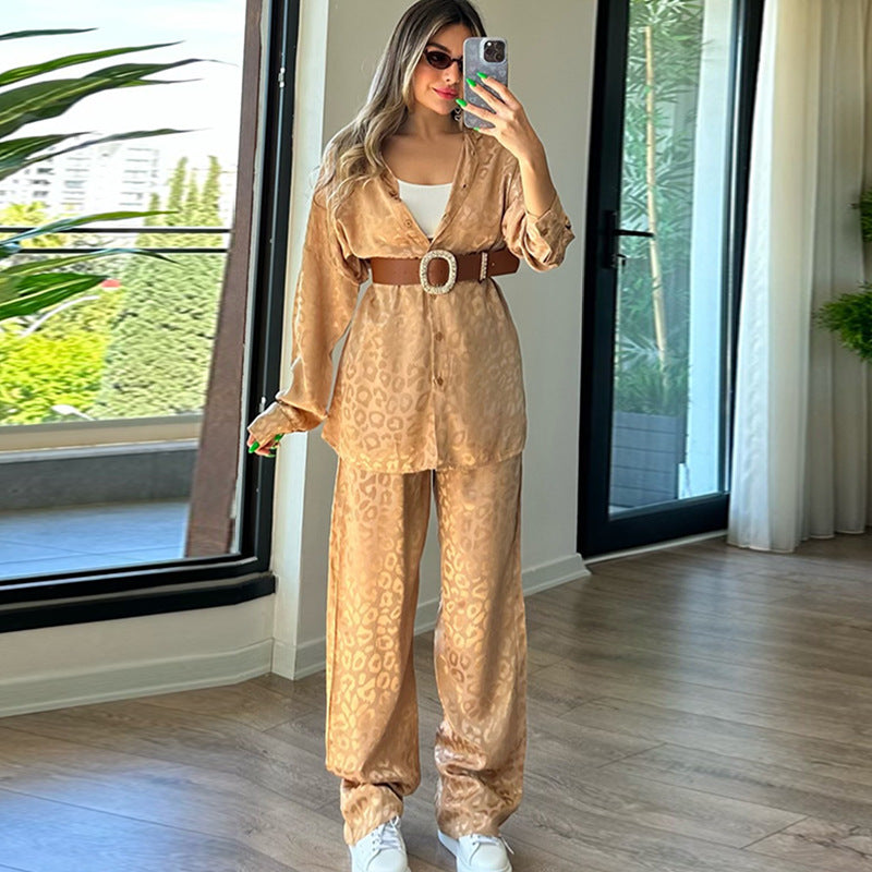 Spot autumn ladies European and American two-piece high-end long-sleeved loose leopard print fashion casual women's suit women's autumn