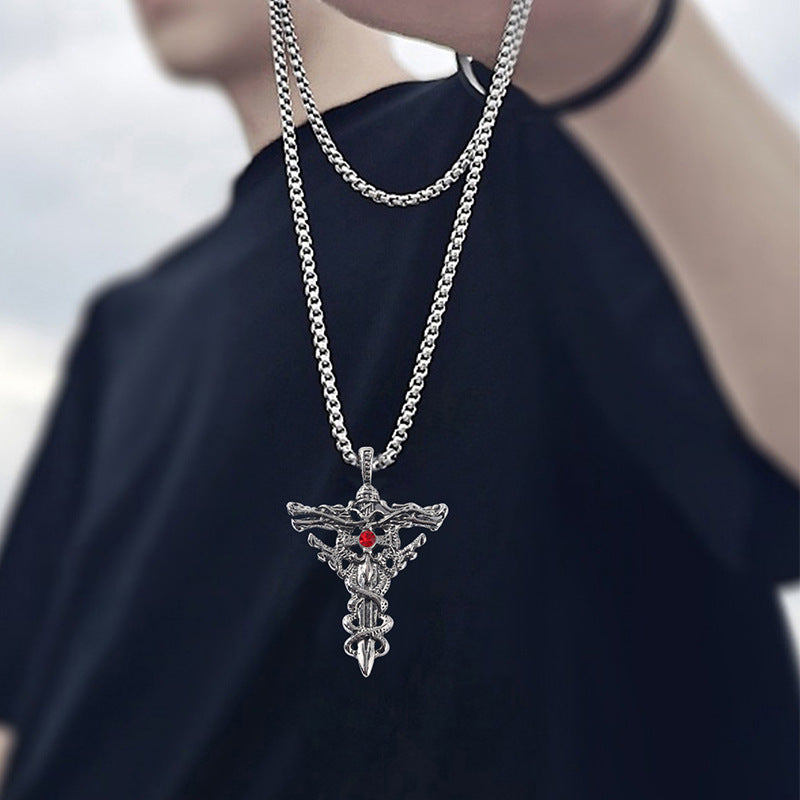 European and American retro double dragon cross pendant foreign trade accessories fashion trendy brand personality titanium steel necklace men do not fade