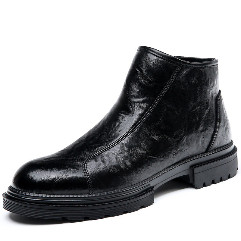 Side zipper martin boots men's velvet english leather cargo biker boots winter increase high top chelsea boots
