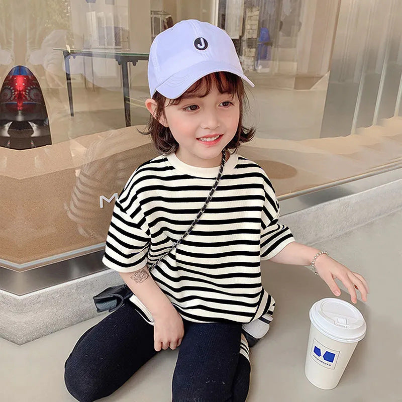 Factory direct sales children's cotton short sleeve T-shirt 2025 summer new girls boys striped half-sleeve one piece dropshipping