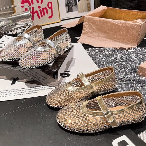 European station rhinestone line Mary Jane cut-out mesh ballet shoes fishnet shoes single shoes loafers boat shoes women's shoes