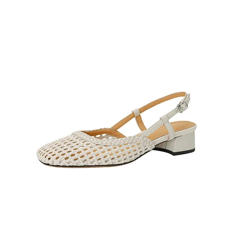 Woven Cutout Toe Sandals Women's Summer 2024 New Fashion Breathable Square Toe Medium Block Heel Hollow Women's Shoes Single Shoes