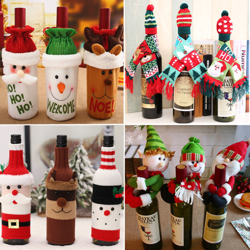 Christmas wine bottle decoration Christmas knitted wine set scarf hat set red wine bottle cover old man wine bottle set deer