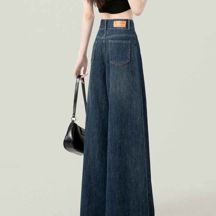 2025 dark blue high-waisted wide-leg jeans women's summer versatile slim autumn dress loose straight pants spring and autumn style