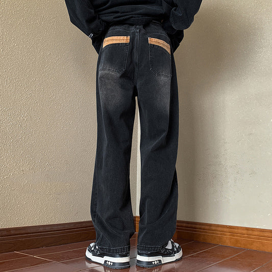 American retro jeans, men's autumn high street vibe pants, belt straight, loose national trend wide-leg pants