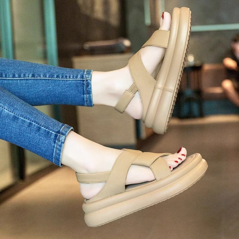[Leather] roman sandals women's summer 2025 new thick-soled non-slip soft-soled-like maternity beach shoes