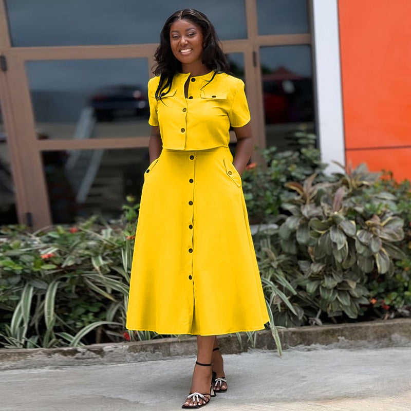 European and American cross-border women's clothing 2024 summer new temperament round neck short sleeve top high waist breasted skirt set