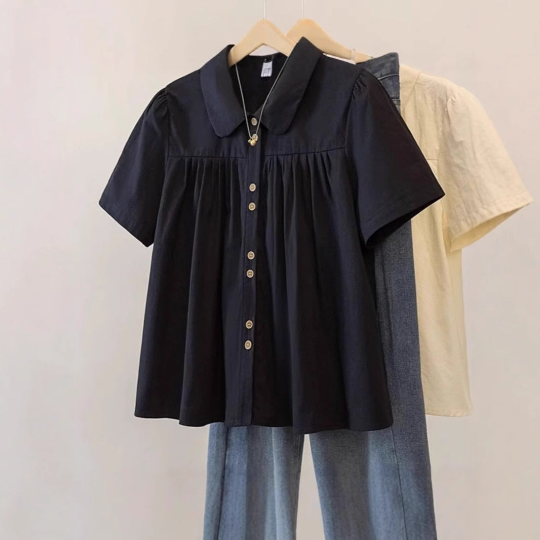 Plus Size Women's French Short Sleeve Shirt Summer 2025mm New Slim Slightly Chubby Flesh Covering Blouse Short