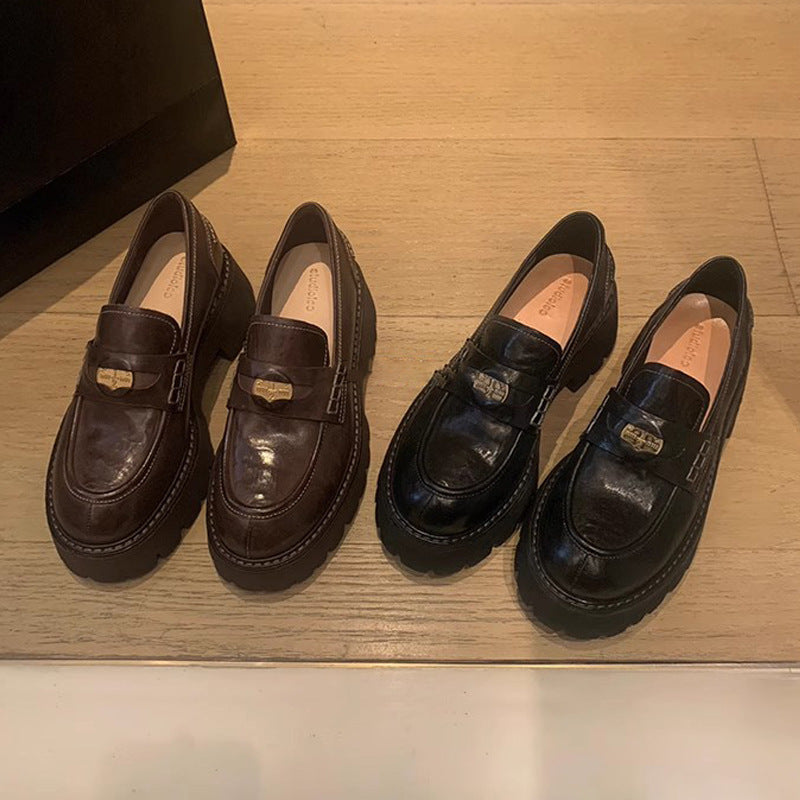 Washed cowhide ~ 5.5cm heightened thick sole small gold coin loafers female British small brown small leather shoes single shoes