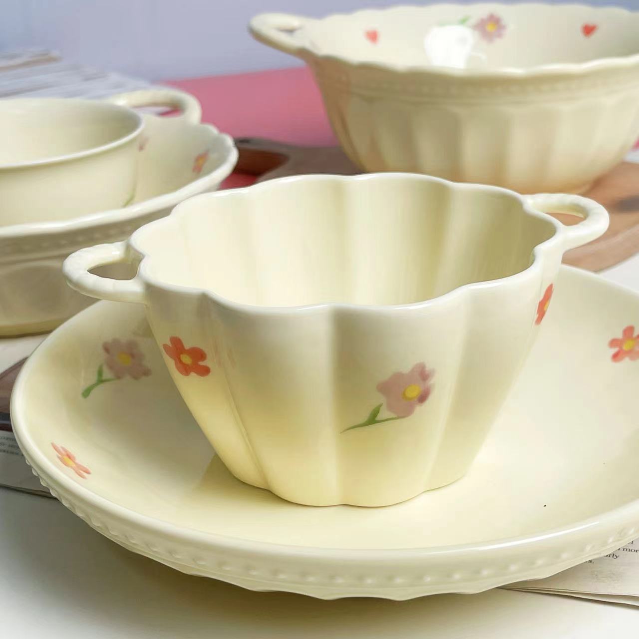 Cream style ins style household number pumpkin bowl with spoon combination single meal tableware ceramic rice bowl noodle bowl salad bowl