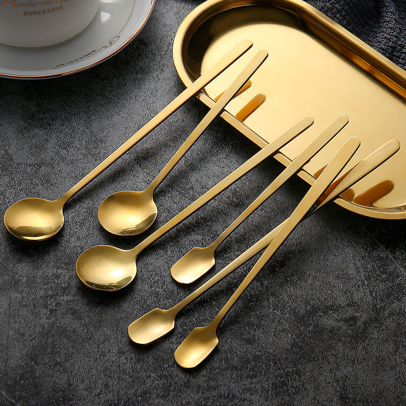 Stainless Steel Square Head Spoon Creative Long Handle Bar Iced Gold Coffee Mixing Spoon Small Round Spoon Mug Spoon