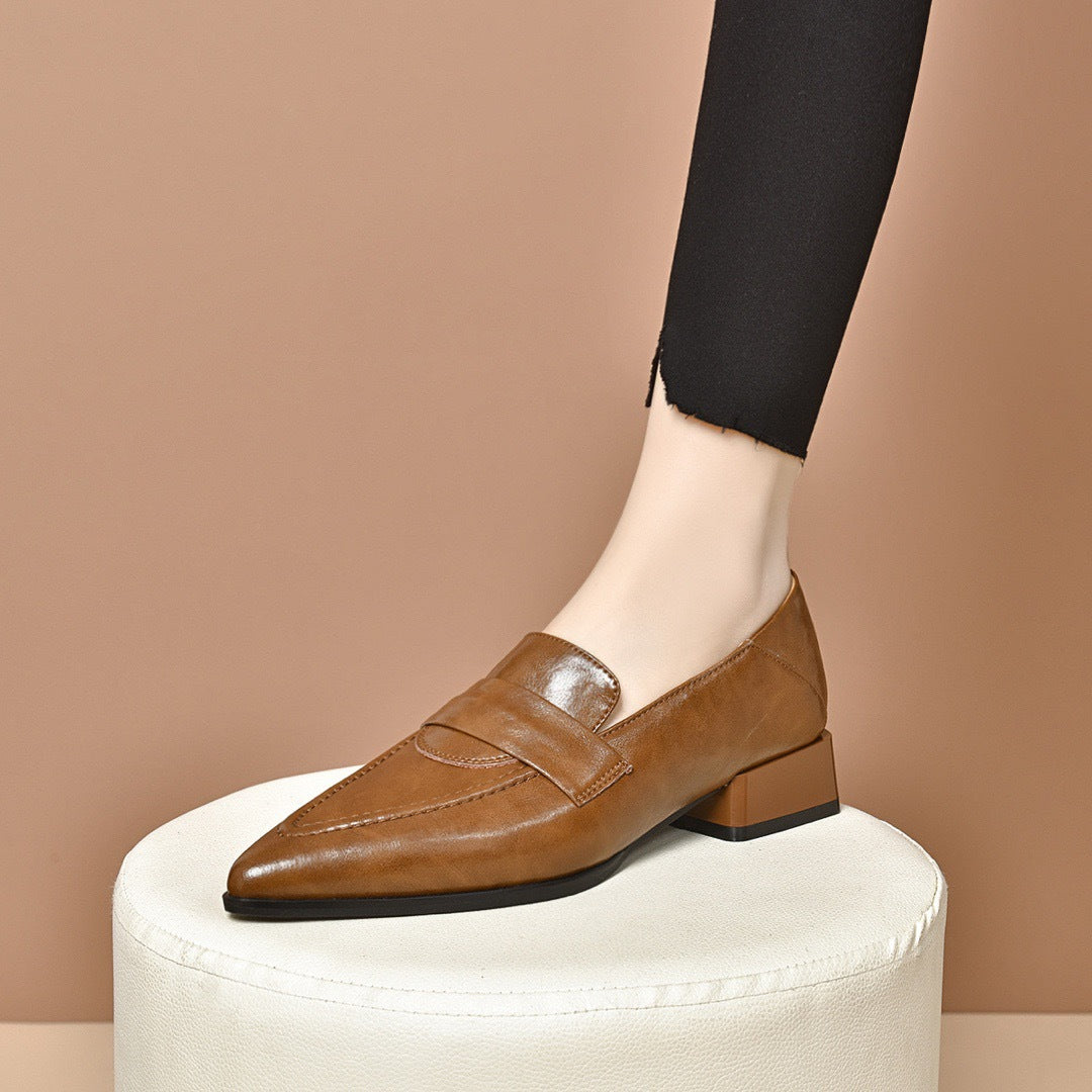 2024 New Leather Block Heel Shoes Women's Slip-On Shoes Mid-Heel British-style Soft-Sole Pointed Toe Loafers