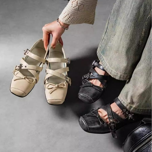 Cowhide version cross belt buckle casual sports sole ballet shoes women's flat pignose bow Mary Jane single shoes