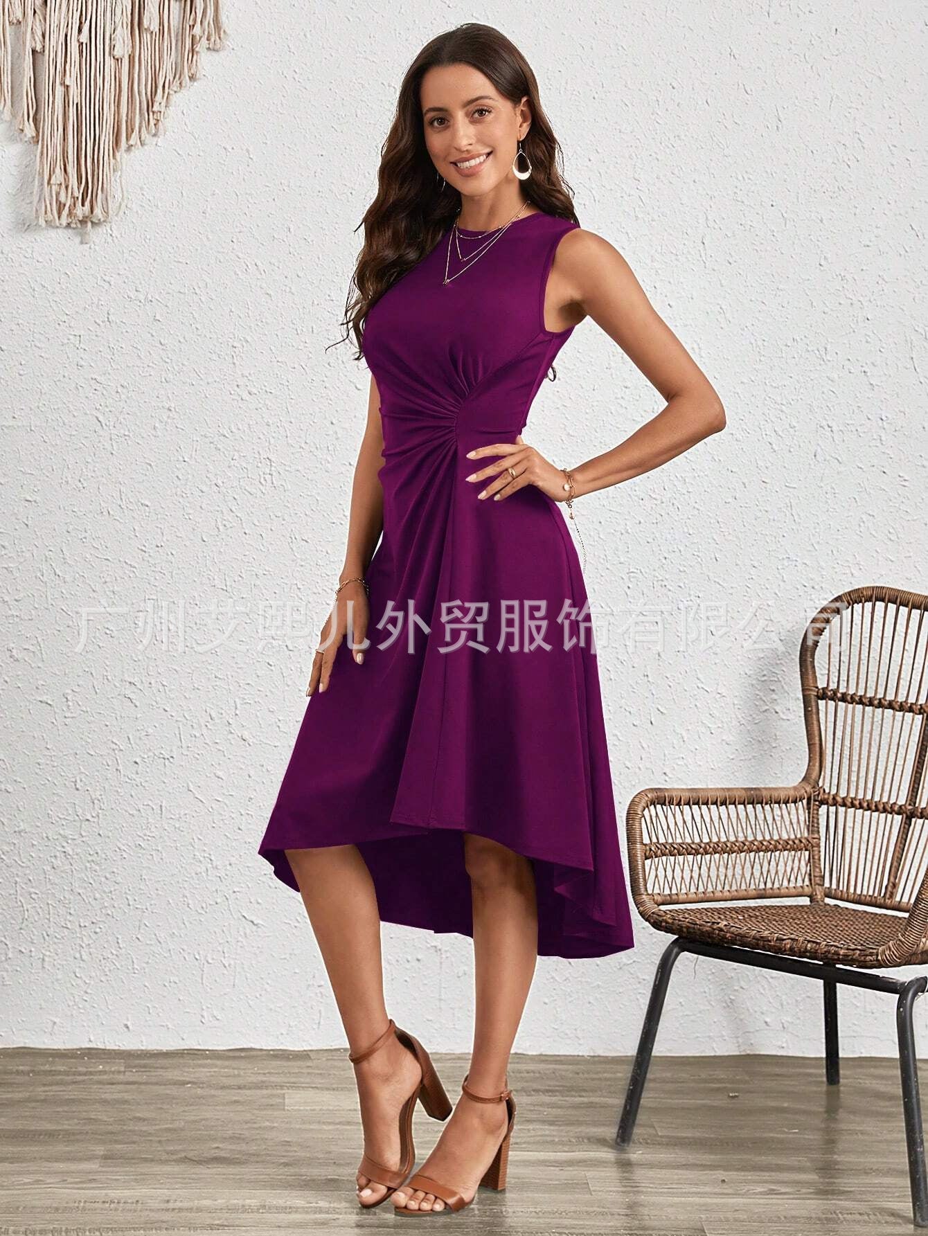 2025 Summer European and American Amazon Cross-border Women's Summer New Fashion Sleeveless Solid Color A-line Crushed Medium Dress