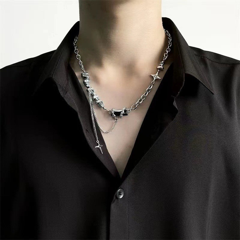 Black and white squares, glass stitching necklaces, men's niche, simple and versatile, titanium steel clavicle chain, light luxury, personality hip-hop jewelry