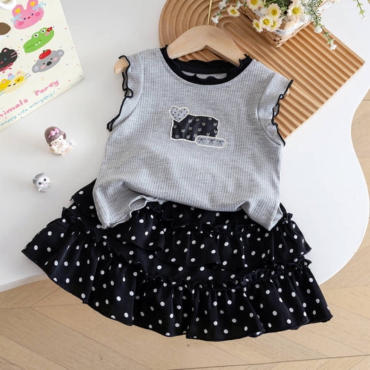 [Spot] girls' summer dress, foreign children's clothes, girls' vest T-shirt + polka dot hakatsu, two-piece summer dress new