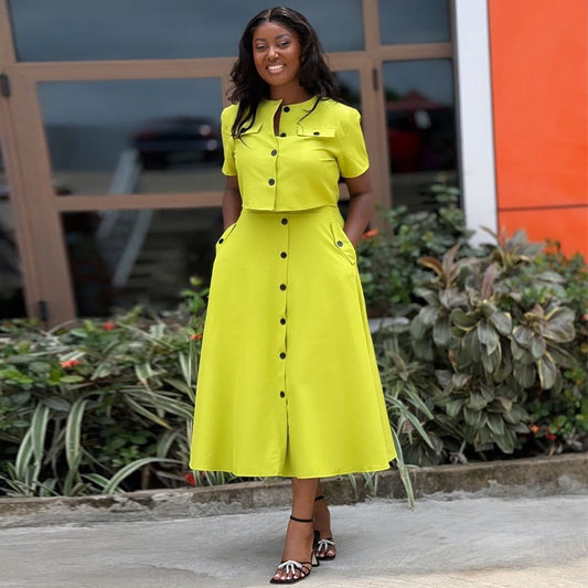 European and American cross-border women's clothing 2024 summer new temperament round neck short sleeve top high waist breasted skirt set