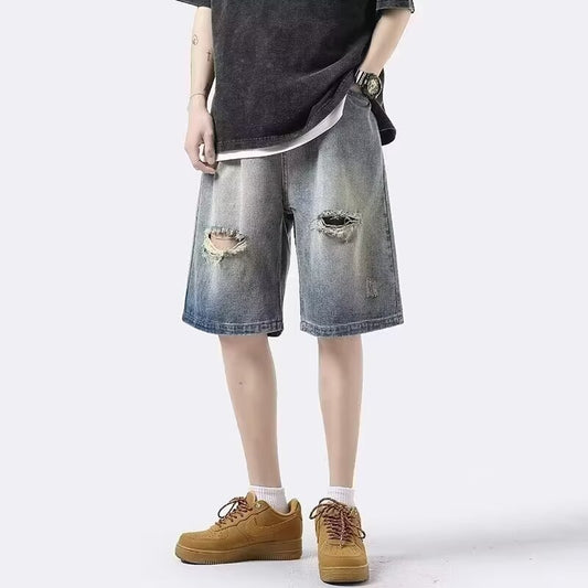 Ripped denim shorts, men's summer thin American high street fashion brand wear straight pants, handsome casual five-point pants