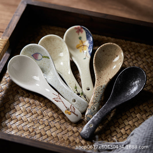 Japanese small soup spoon, Japanese style tableware, small soup, retro spoon, long handle soup, rice spoon, ceramic large spoon, household spoon