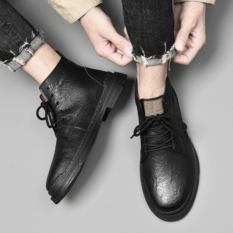 High Top Men's Leather Boots Winter Men's Car Stitching Warm Spot Martin Boots Brown Round Toe Pile Shoes Casual Men's Shoes
