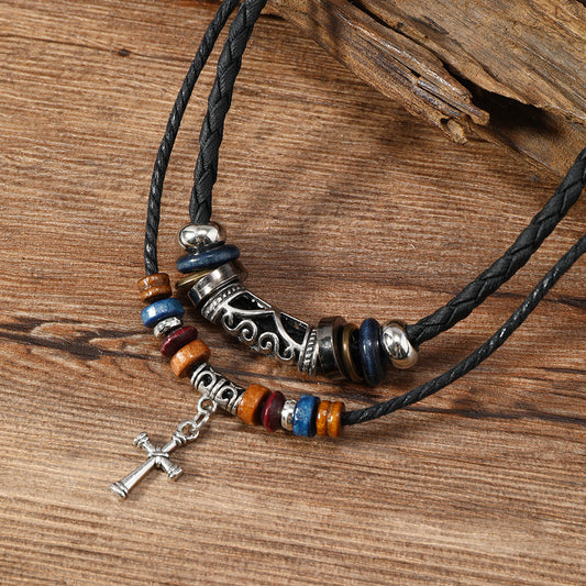 Factory direct sales alloy cross pendant collarbone chain men's vintage double adjustable necklace beaded necklace