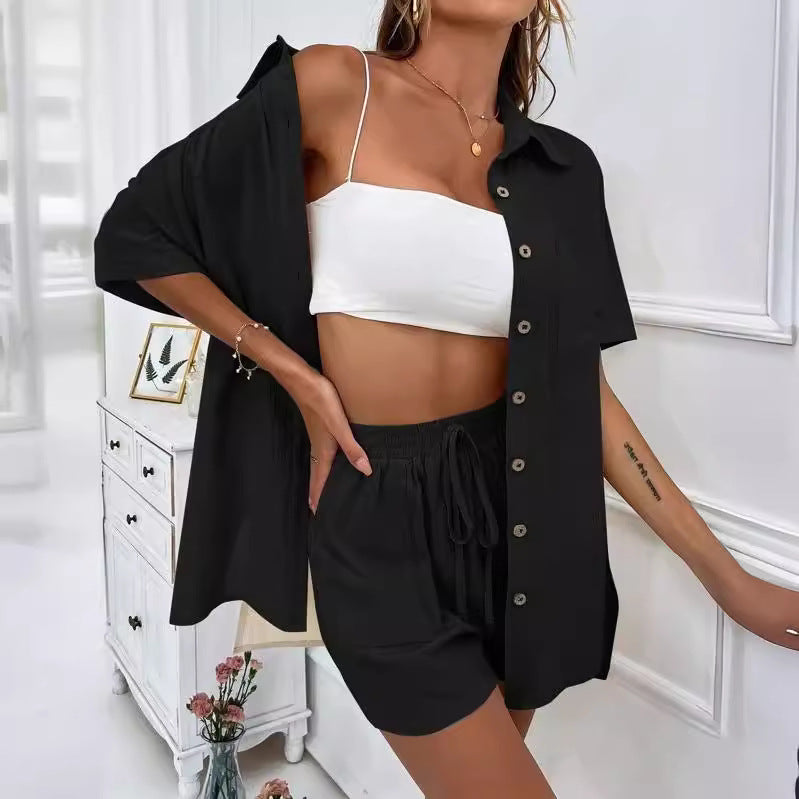 European and American cross-border AliExpress fashion shorts, two solid color shirt sets, casual loose short-sleeved single-breasted women's clothing