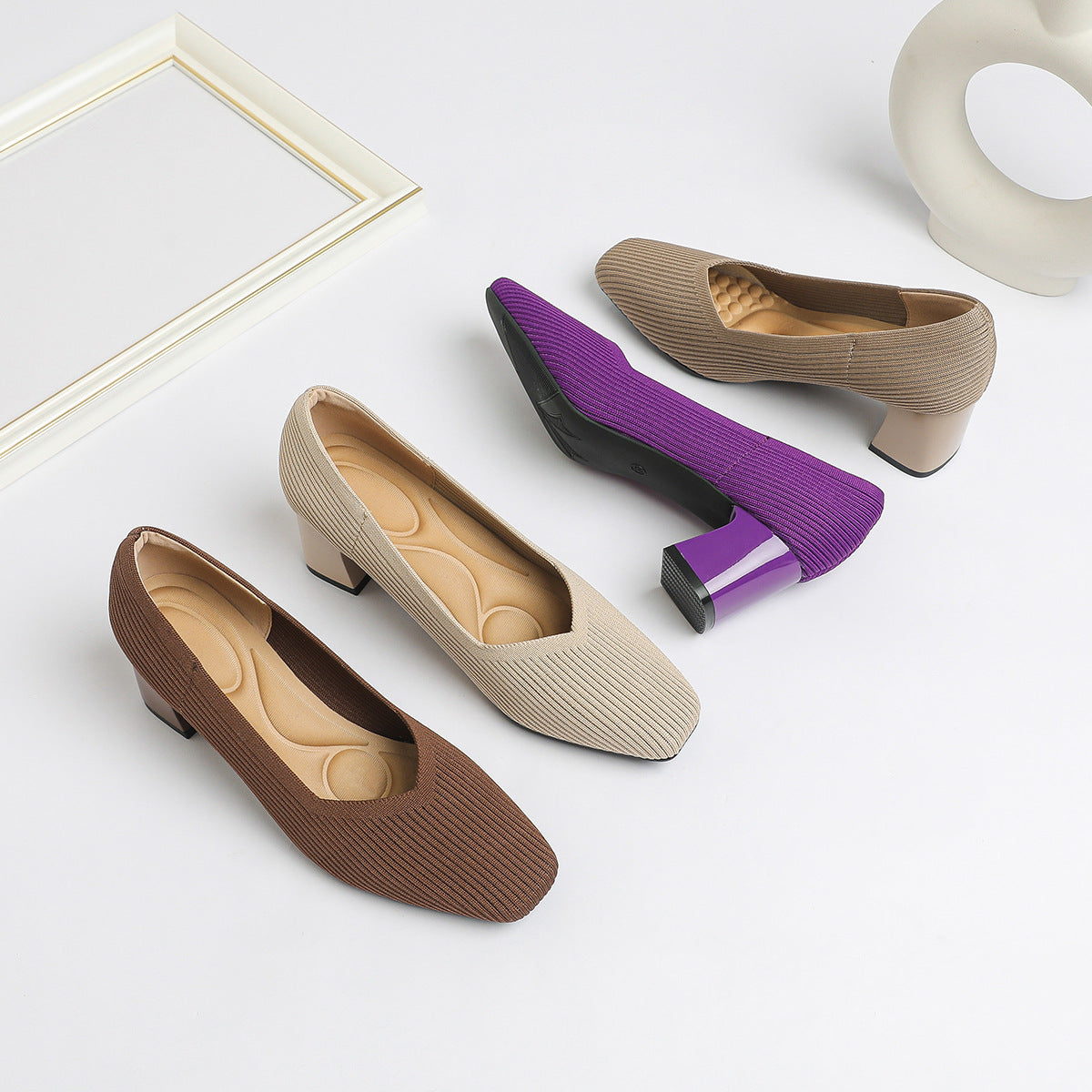 Japanese princess single shoes, women's square toe, thick heels, flying knitted shoes, comfortable and breathable, commuter high heels, breathable and versatile style