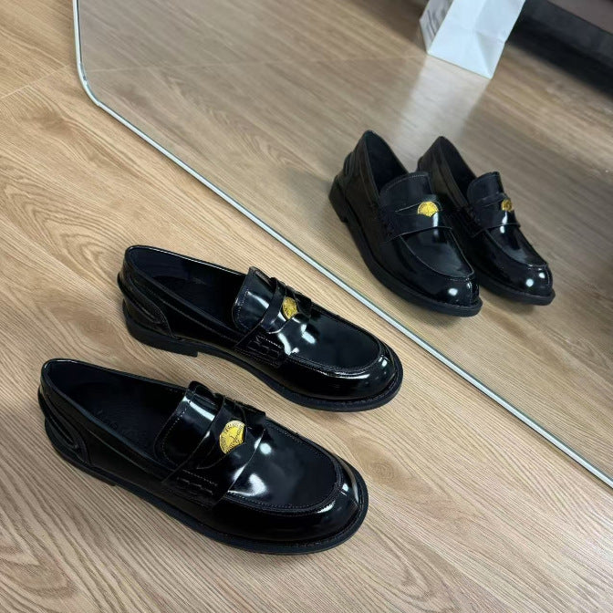 Horse leather version ~ leather gold coin loafers women's British style versatile retro foot small low heel JK small leather shoes single shoes