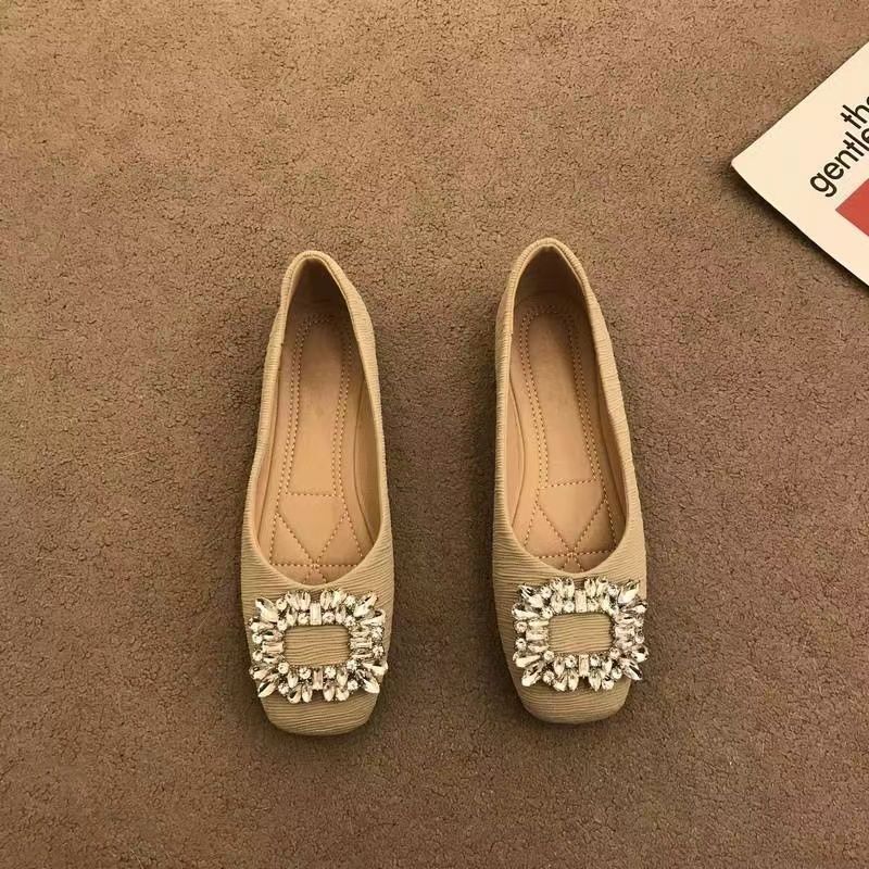 Square toe flat women's single shoes, breathable soft sole, non-slip, net red rhinestones, square buckle shallow lady shoes, beanie shoes, women's shoes