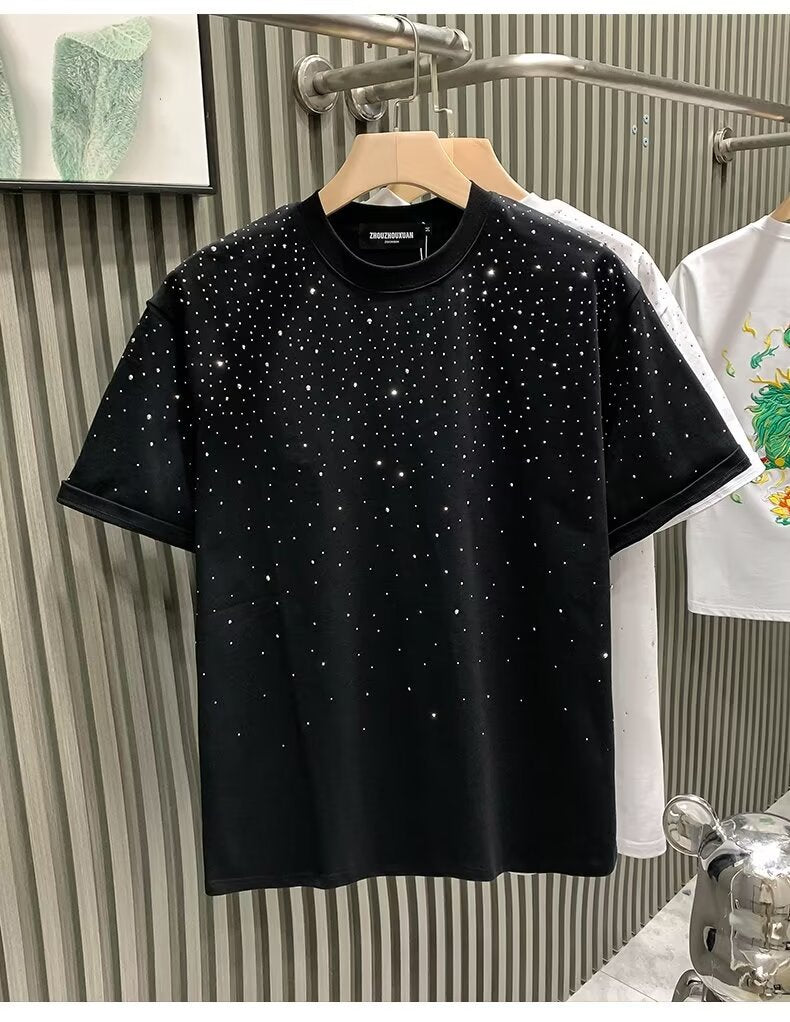Light Mature Wind Starry Sky Short Sleeve Starry Hot Diamond Loose Micro Tide T-Shirt Tee Men's Top T-Shirt 2024