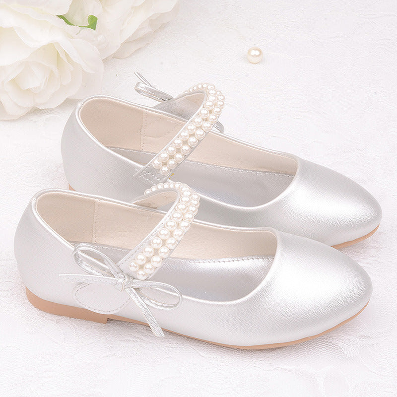 Spring and Autumn New Girls' White Leather ShoesChildren's Flat White ShoesGirls' Flower GirlsSchool Uniforms, Photography Dresses, Shoes, Pearls