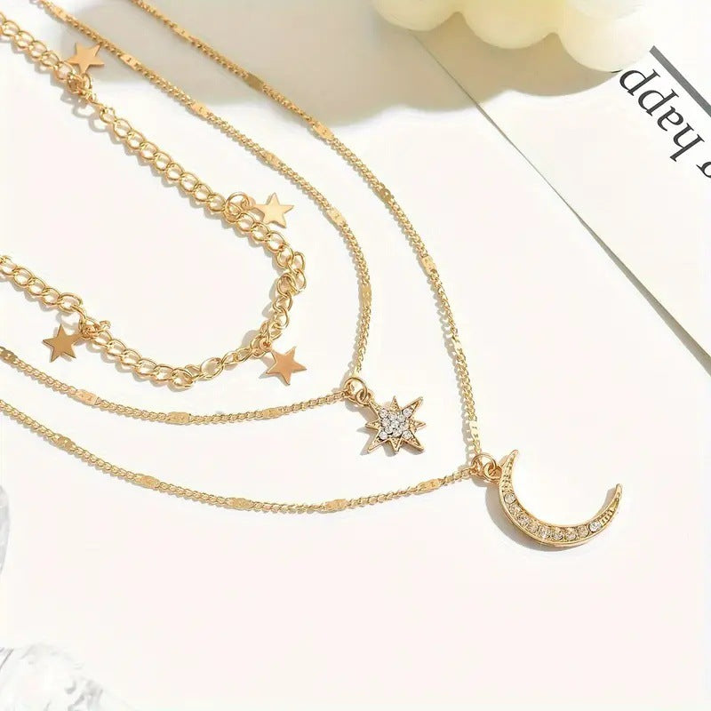 European and American cross-border jewelry, fashion, diamond-studded five-pointed star, crescent pendant, multi-layered necklace, personality, clavicle chain necklace
