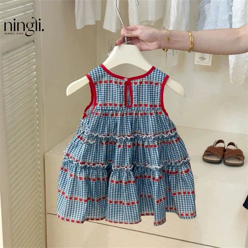 Ningli children's clothing summer new girls sweet blue check sleeveless dress baby girl cherry vest skirt tide
