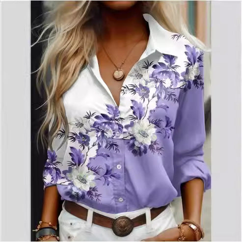 European and American Amazon cross-border 2024 fashion new commuter women's clothing floral 3D digital printing long-sleeved shirt