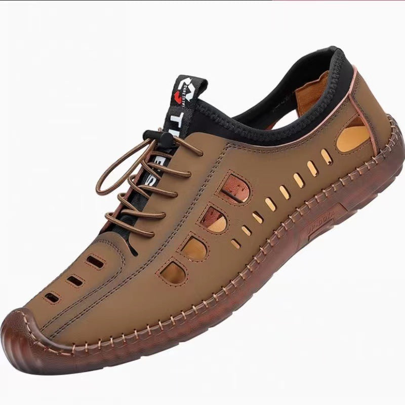 Men's Shoes, Cow Tendon Sole Leather Shoes, Men's Genuine Leather, Business Casual Cut-out Sandals, Men's Non-slip Driving Shoes, Hole Leather Shoes